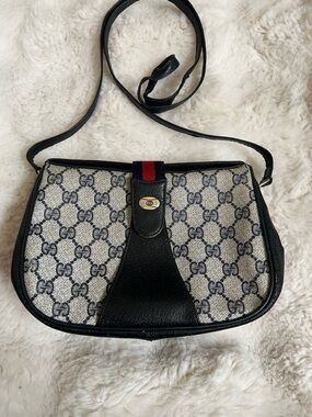 Vintage GUCCI GG Supreme Sherry Line Shoulder Bag PVC Navy Gold 72 02 024 - READ